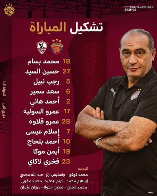 قد تكون صورة شخص واحد، ولعب كرة القدم وتحتوي على النص 'CUSOPITAIL EAGUE ERL REMIERLEAGUE PREMIERLE IAN TIA GYPTIAN EGY EGYPTIANPREMIERLEAGUE 2026-26 تشکیل المباراة CLEOPATRA 5 돌들 6 ل ហូ 2 18 محمد بسام 27 حسين السيد رجب نبيل سعد سمير أحمد هاني 17 عمرو السولية 28 عمرو قلاوة إسلام عيسی 10 احمد بلحاج 19 أيمن موكا 23 فخري لاکای 7 البدلاء محمد كوكو چاستيس آرثر عبد الله مجدي إبراهيم محمد كريم نيدفيد ገን محمد مغربي محمد صادق صديق ايجولا مروان عثمان ORICELL'